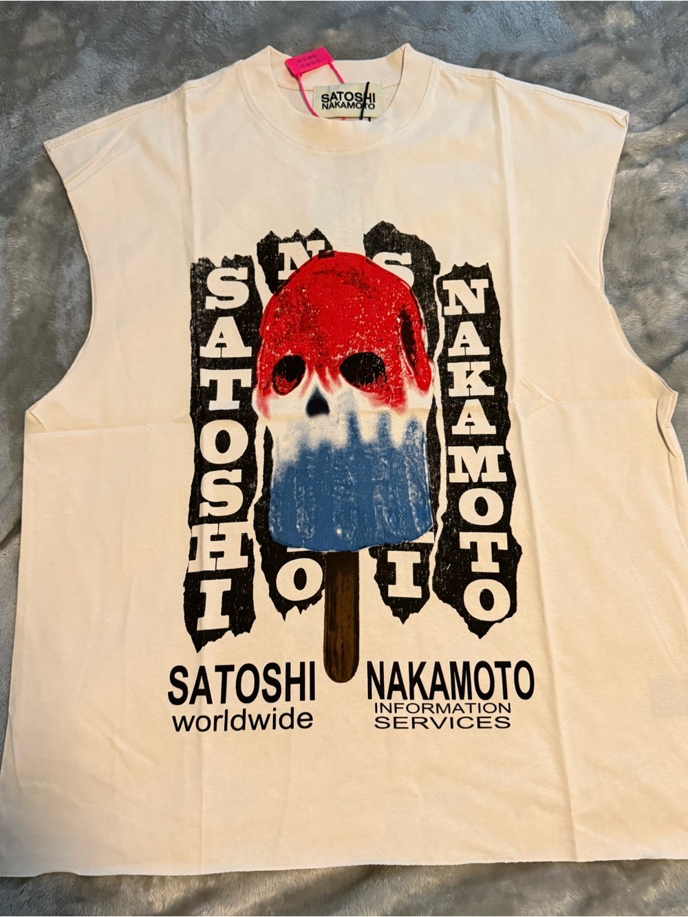 Satoshi Nakamoto White Graphic Tank Top - Red & Blue Skull Popsicle